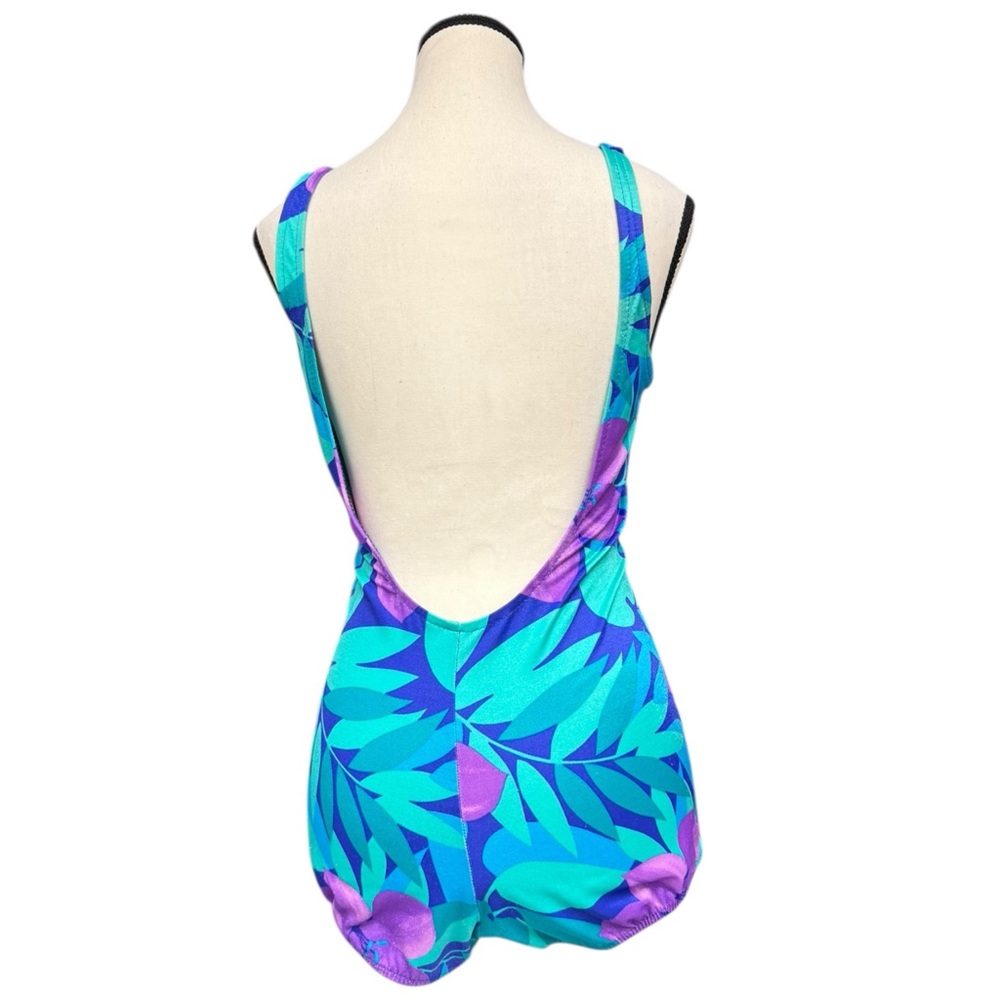 Vintage 70s Maxine of Hollywood Blue Purple Floral One-Piece Swimsuit size 14 - Picture 5 of 16